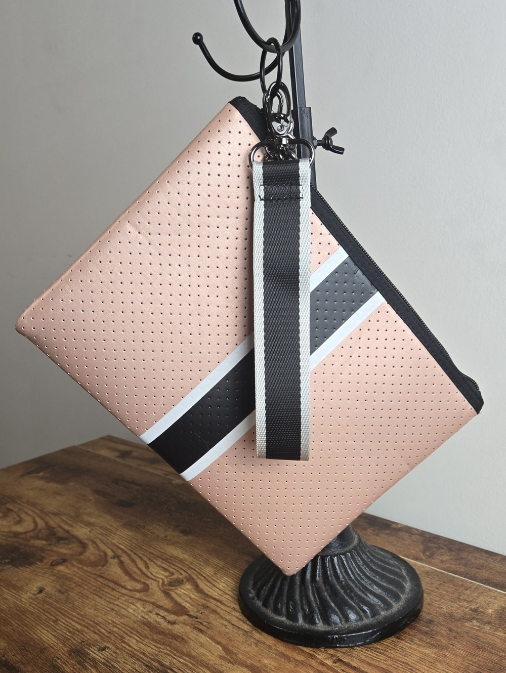 Haute Shore Beth Striped Neoprene Wristlet Clutch Blush Pink / Black Make-up Bag